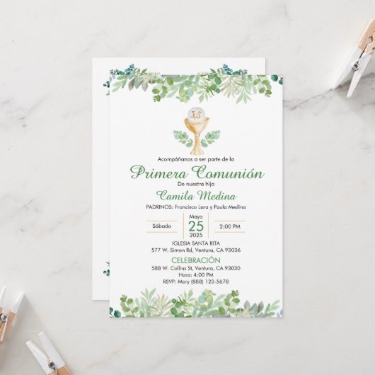 Invitation Première communion Espagnol Vert Feuille verdure (Devant/Arrière en situation)