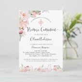 Invitation Première communion espagnole rose et florale de me (Debout devant)
