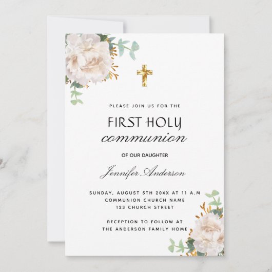 Invitation Première communion eucalyptus blanc floral (Devant)