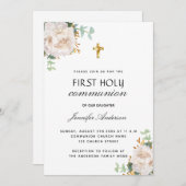 Invitation Première communion eucalyptus blanc floral (Devant / Derrière)