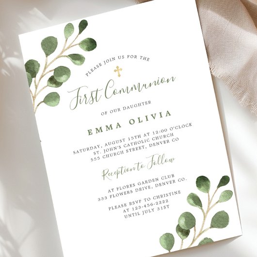 Invitation Première communion eucalyptus élégante