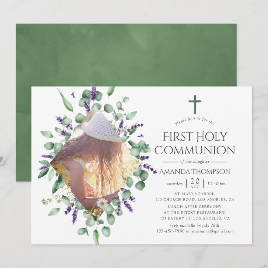 Invitation Première communion Eucalyptus Lavande (Devant / Derrière)
