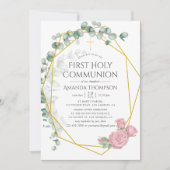 Invitation Première communion eucalyptus rose géométrique (Devant)