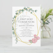 Invitation Première communion eucalyptus rose géométrique (Debout devant)
