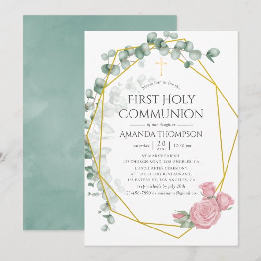 Invitation Première communion eucalyptus rose géométrique (Devant / Derrière)