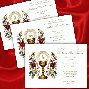 Invitation Première communion Eucharistie Florale Roses Rouge