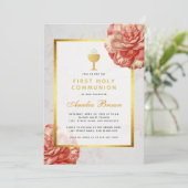 Invitation Première communion Faux or Floral Camellia rose (Debout devant)