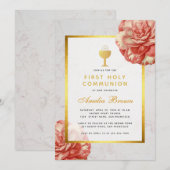 Invitation Première communion Faux or Floral Camellia rose (Devant / Derrière)