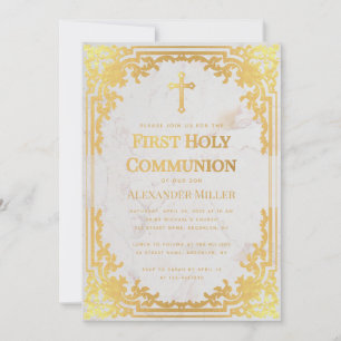 Invitation Première Communion Faux Or Vintage Élégant Marbre