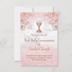 Invitation première communion faux paillettes rose