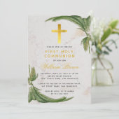 Invitation Première communion feuillage de fougère croix doré (Debout devant)