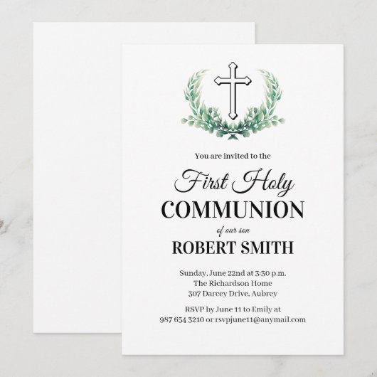 Invitation Première communion feuille verte (Devant / Derrière)