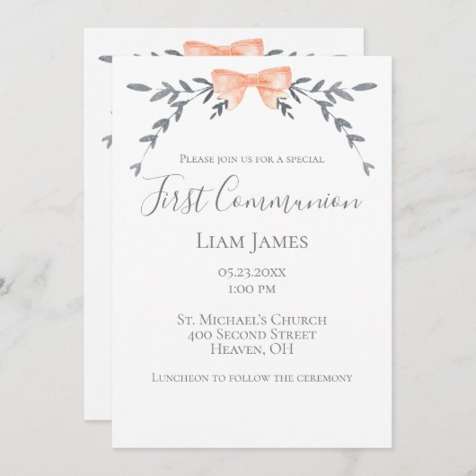 Invitation Première Communion Feuilles Argent Peach Bow (Devant / Derrière)