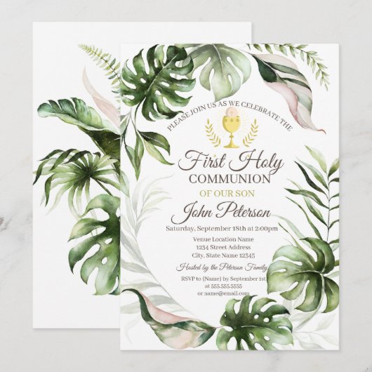 Invitation Première communion feuilles tropicales (Devant / Derrière)