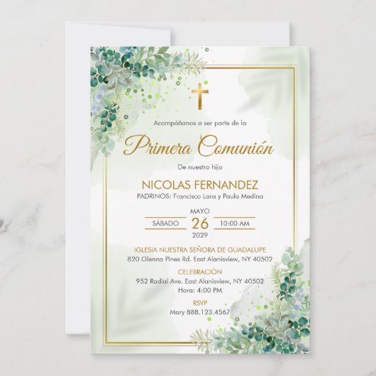 Invitation Première Communion Feuilles Vertes Comm (Devant)