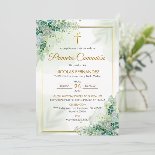 Invitation Première Communion Feuilles Vertes Comm (Debout devant)
