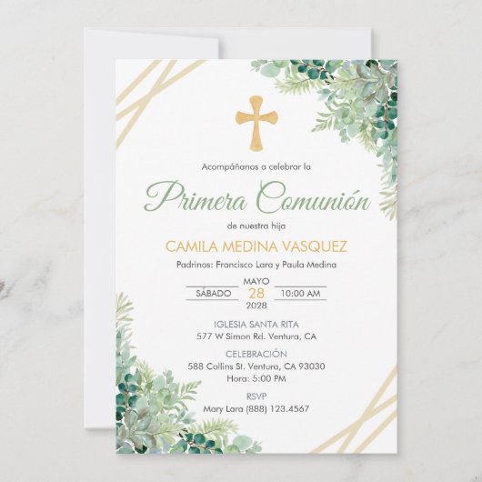 Invitation Première Communion Feuilles Vertes Mign (Devant)