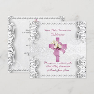 Invitation Première communion fille argent dentelle perle ros
