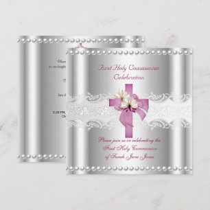 Invitation Première communion fille argent lace rose perle