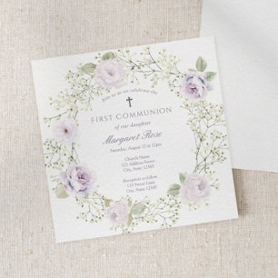 Invitation Première communion fille avec Gypsophile et Roses 