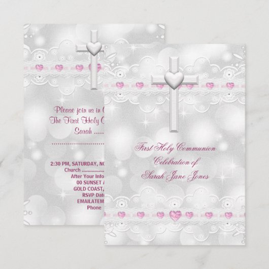 Invitation Première communion fille Blanc Argent (Devant / Derrière)