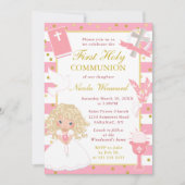 Invitation Première communion fille blonde rayure rose (Devant)