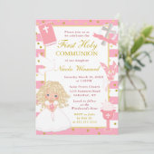 Invitation Première communion fille blonde rayure rose (Debout devant)
