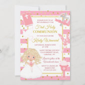 Invitation Première communion fille blonde rayure rose (Devant)