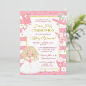 Invitation Première communion fille blonde rayure rose (Debout devant)