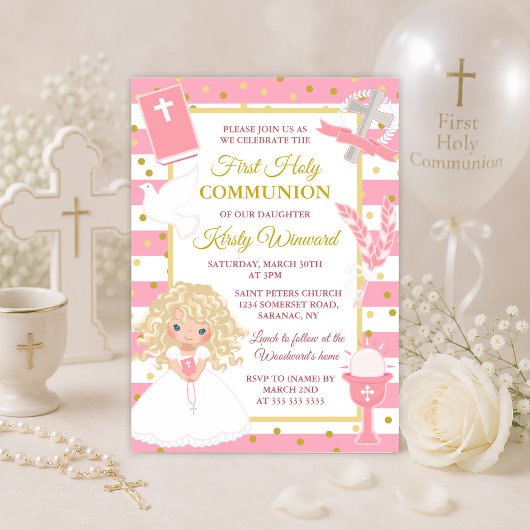 Invitation Première communion fille blonde rayure rose