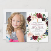 Invitation Première communion fille bourgogne blush bleu phot (Devant)