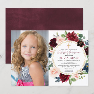 Invitation Première communion fille bourgogne blush bleu phot