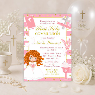 Invitation Première communion fille cheveux roux rayures rose
