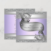 Invitation Première communion fille croix argent violet lavan (Devant / Derrière)