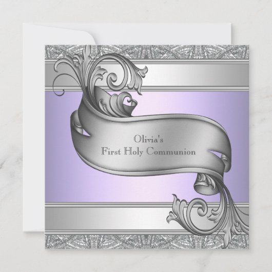 Invitation Première communion fille croix argent violet lavan (Devant)