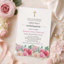 Première communion fille Croix d'or Roses Floral