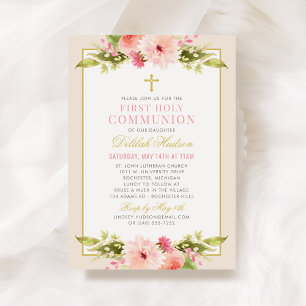 Invitation Première communion fille croix dorée florale rose 