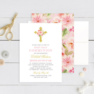 Invitation Première communion fille croix dorée florale rose
