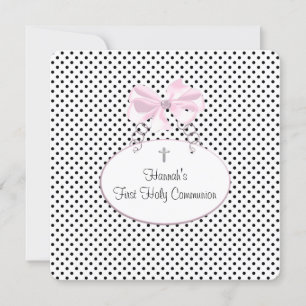 Invitation Première communion fille croix pois noir rose