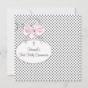 Invitation Première communion fille croix pois noir rose