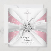 Invitation Première communion fille Fleur rose blanc (Devant)