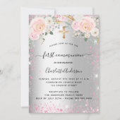 Invitation Première communion fille florales rose argent bril (Devant)