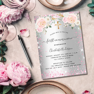 Invitation Première communion fille florales rose argent bril
