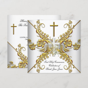 Invitation Première communion fille or blanc argent floral