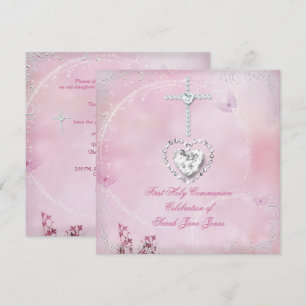 Invitation Première communion fille papillon blanc rose