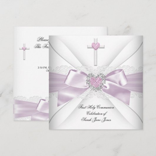 Invitation Première communion fille rose cœur blanc commande (Devant / Derrière)