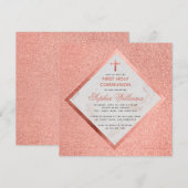 Invitation Première communion fille Rose Or Marbre Rose Paill (Devant / Derrière)