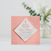 Invitation Première communion fille Rose Or Marbre Rose Paill (Debout devant)