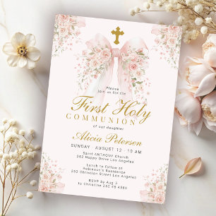 Invitation Première communion fille ruban floral rose poudré