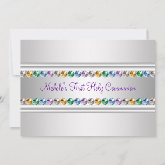 Invitation Première communion fille Violet Blanc Rhinestones (Devant)